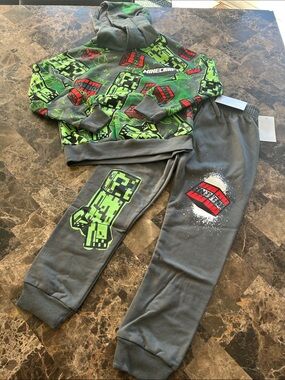 NWT 🆕 Minecraft Kids Gray & Green Hoodie and Jogger Set 4/5 years
